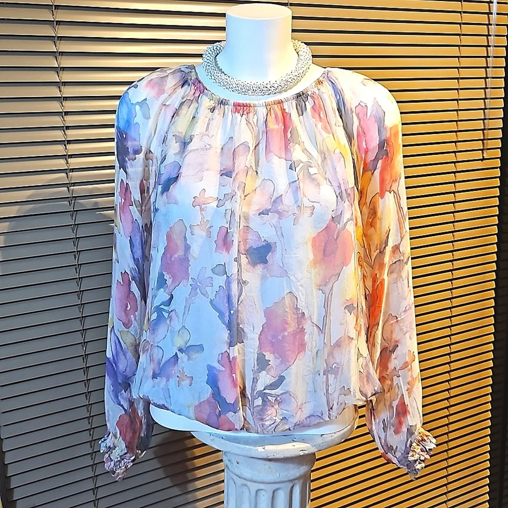 Breezy Silk blouse L / XL, lots of volume, elasticated waist looks great w jeans - Picture 4 of 12